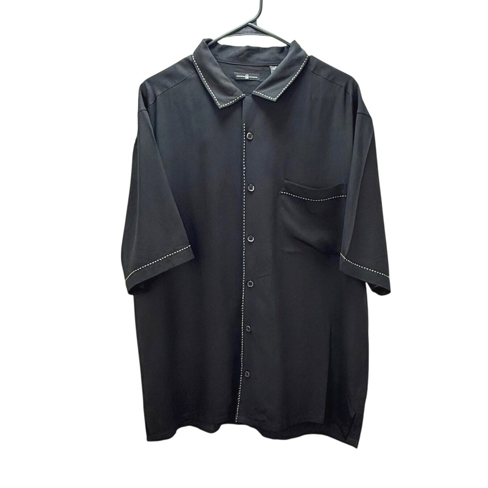 6A Men's Large Black 100% Silk Short Sleeve Button Up Camp Shirt Contrast Stitch